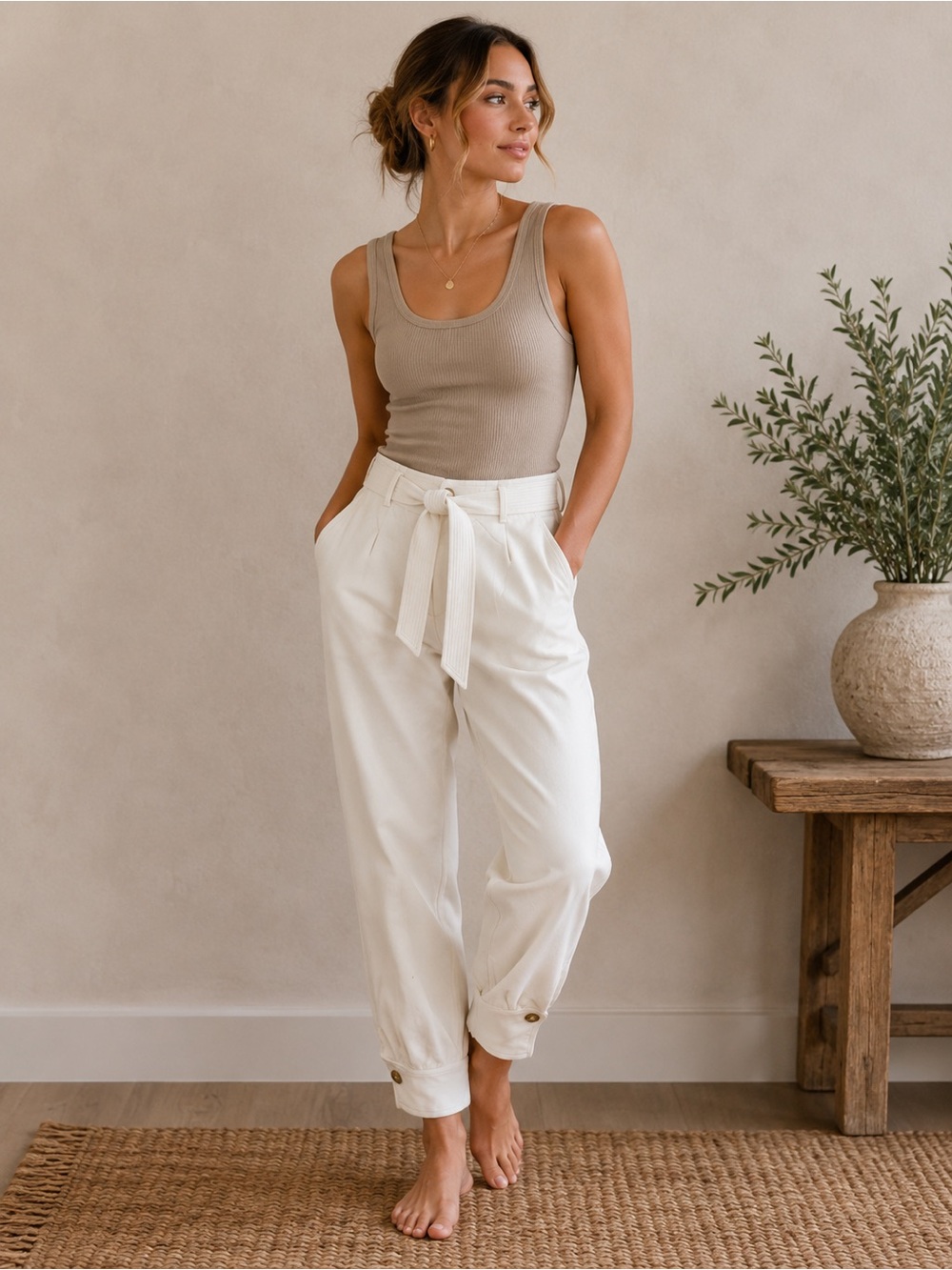 Ralph Lauren Cream High-Waist Paperbag Wide-Leg Pants. BB28